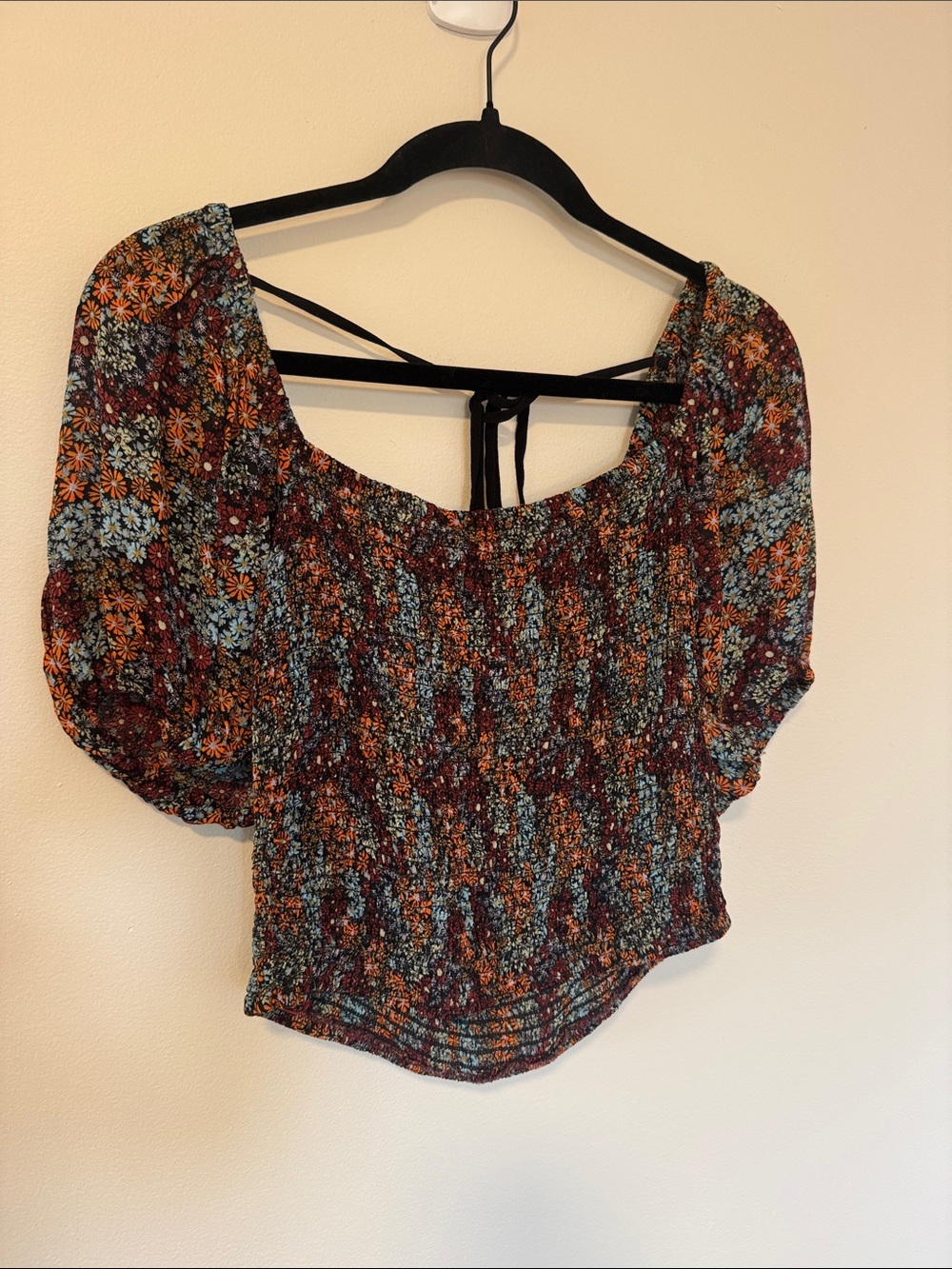 Free People Black & Teal Floral Smocked Puff-Sleeve Top Small